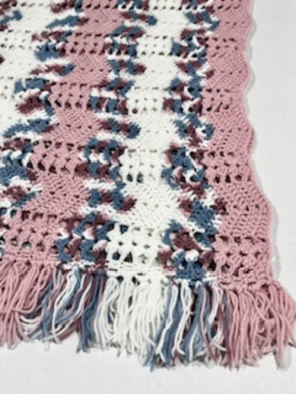 Handknit Crochet Afghan Throw Blanket Fringe Lacy Ripple Multicolor 45inx68in